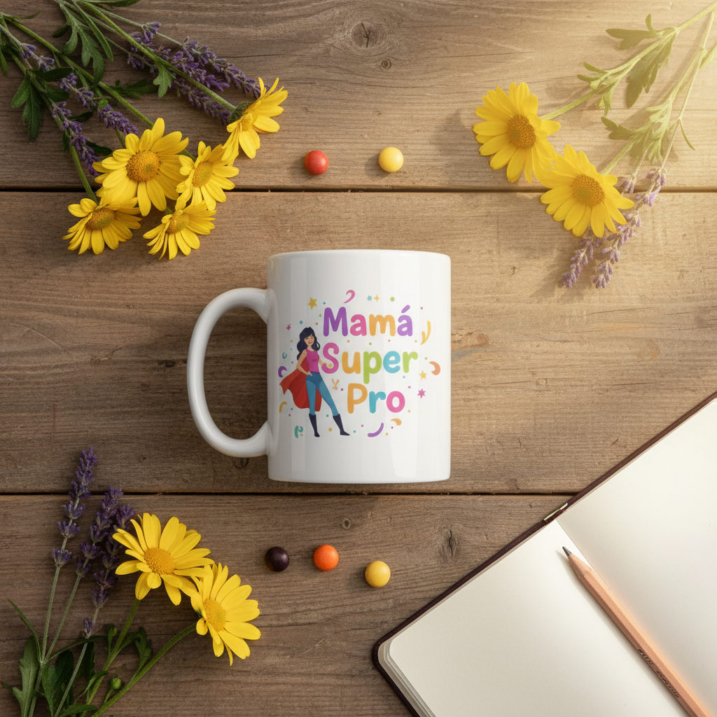 Taza Mamá Super Pro flat lay